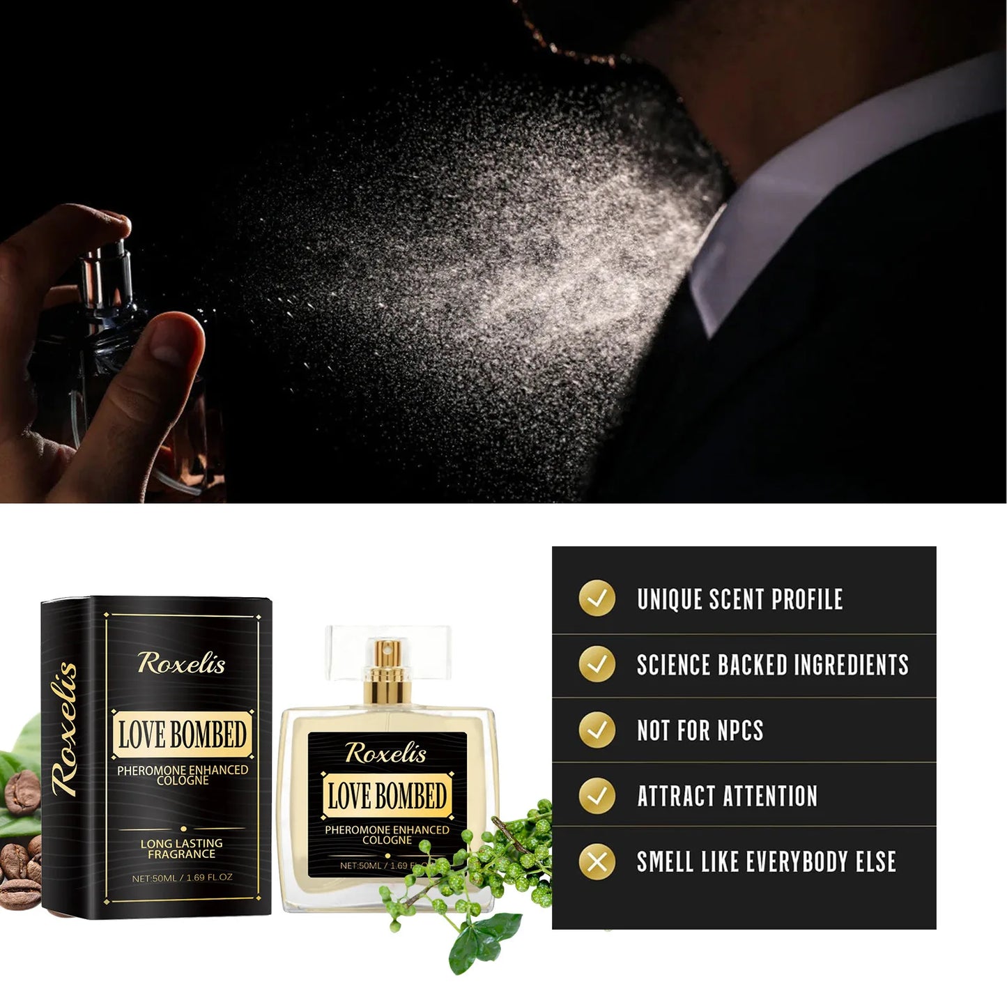 Roxelis 50ml Long Lasting Pheromone Perfume Men Cologne Fragrance Deodorant Mist Glamour Flirting Scent Romantic Dating Perfume